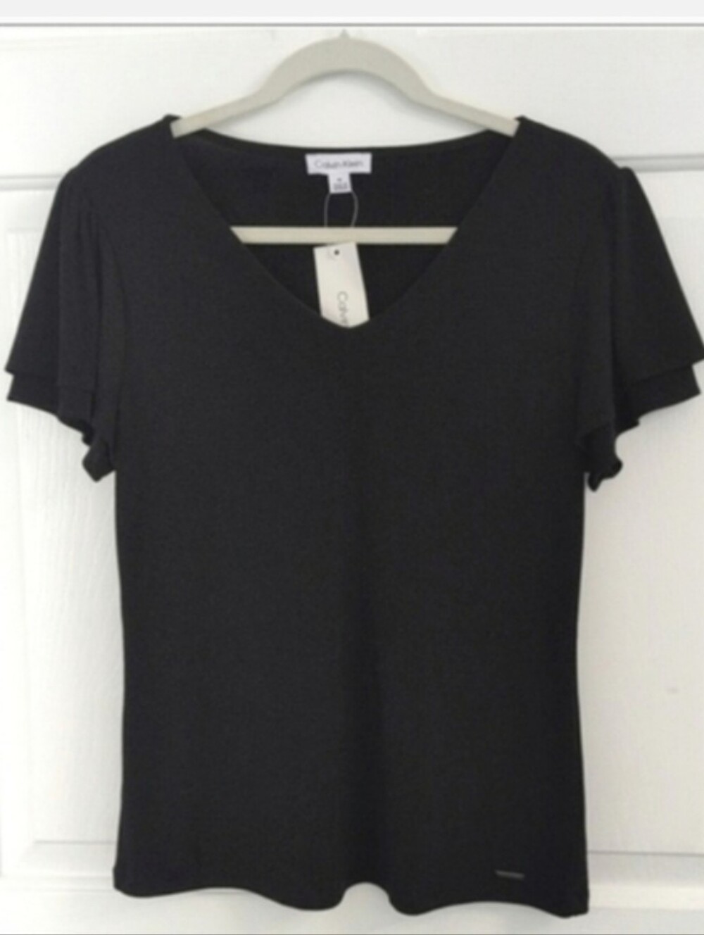 Classic Black Dressy Calvin Klein V-Neck Flutter Sleeve Top Medium - Picture 3 of 10